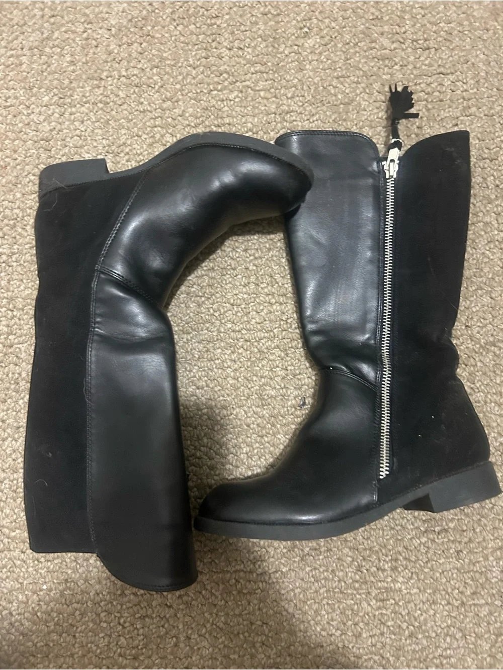 Black Leather Knee-High Boots with Tassel Detail